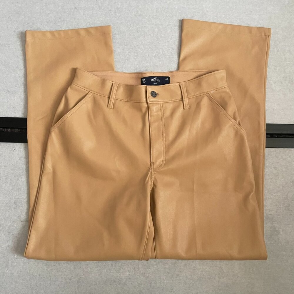 HOLLISTER High Rise Faux Leather Pants 11 30 Straight Leg Dad Beige Camel NWOT
